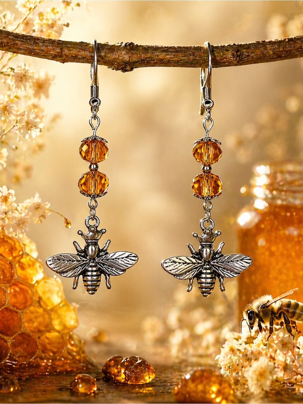 Amber Bee Dangle Earrings, Honey Crystal Boho, Nature Inspired Jewelry